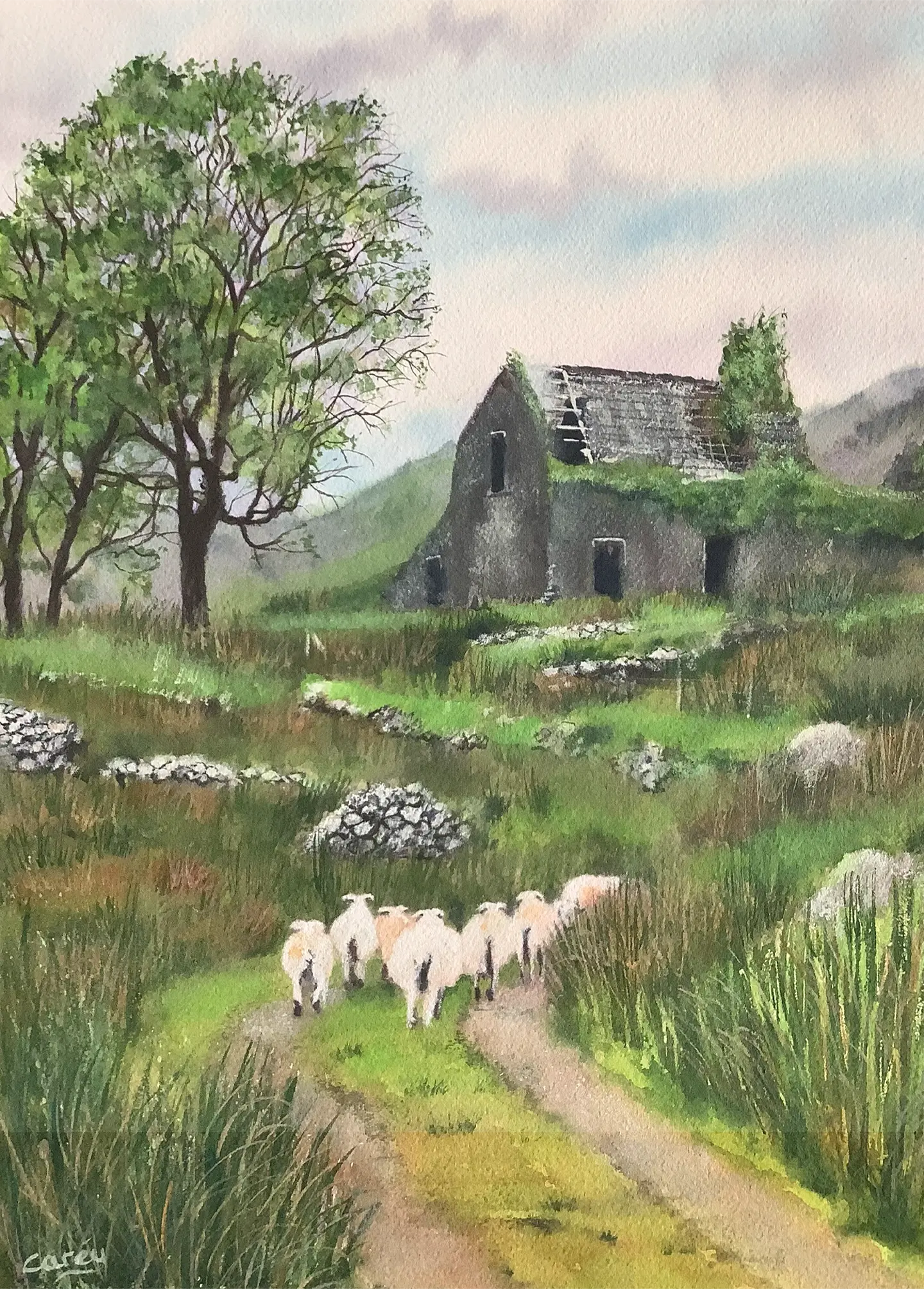 Sheep in a Rugged Landscape with Deserted Barn