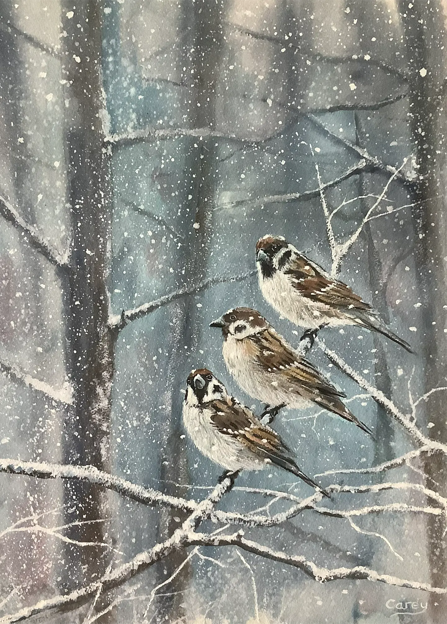 Sparrows in Heavy Snowfall