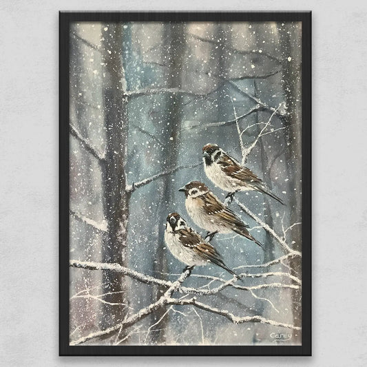 Sparrows in Heavy Snowfall