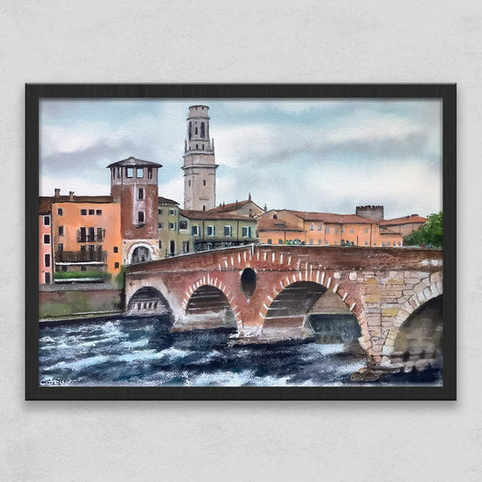 The Ponte Pietra white water under city stone bridge