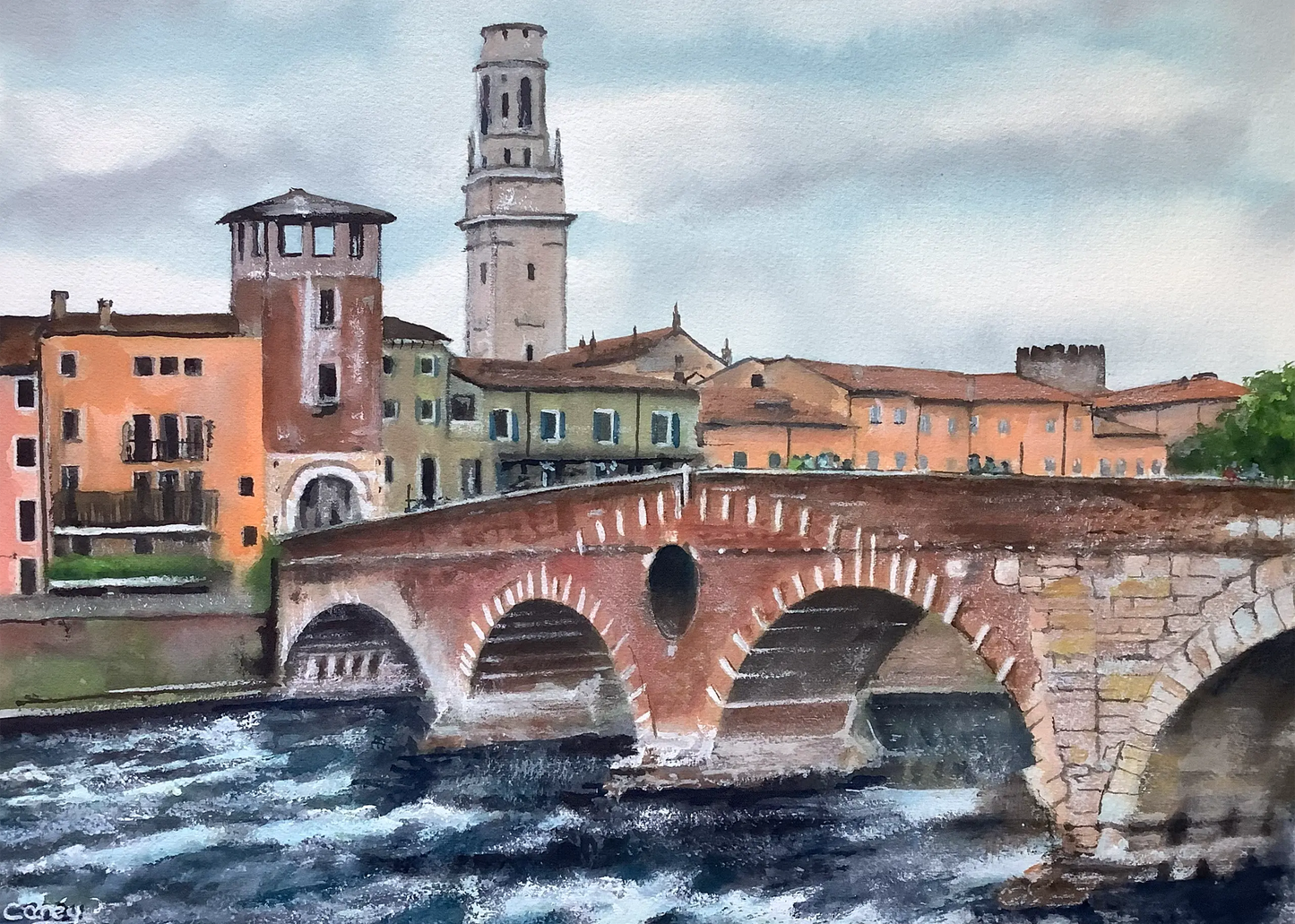 The Ponte Pietra white water under city stone bridge